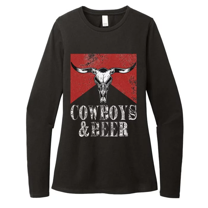 Cow & Beer Funny Vintage Rodeo Bull Horn Western Country Womens CVC Long Sleeve Shirt