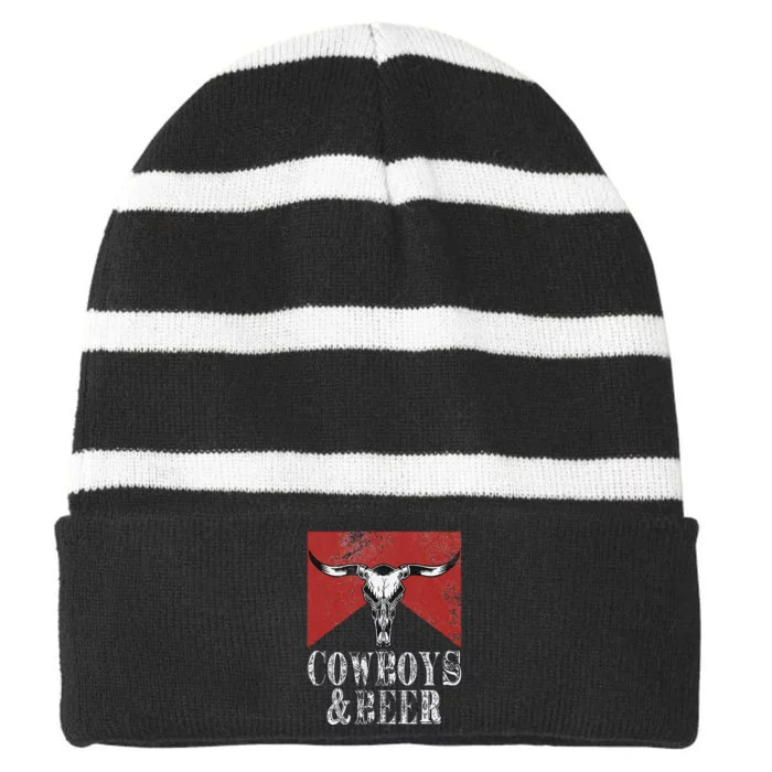 Cow & Beer Funny Vintage Rodeo Bull Horn Western Country Striped Beanie with Solid Band