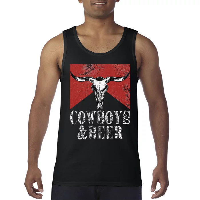 Cow & Beer Funny Vintage Rodeo Bull Horn Western Country Tank Top