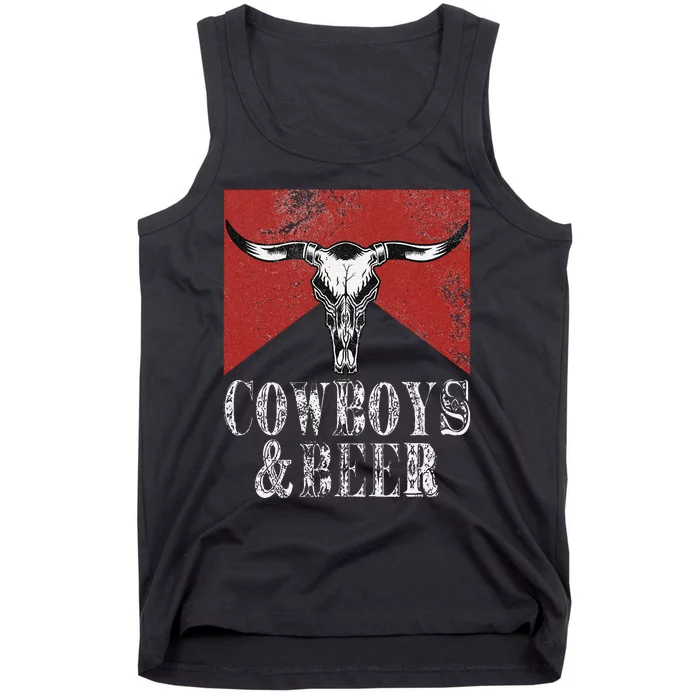 Cow & Beer Funny Vintage Rodeo Bull Horn Western Country Tank Top