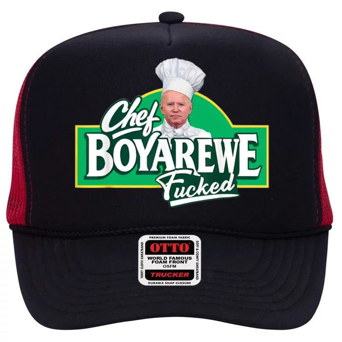 Chef BoyAreWe Fucked Funny Chef Biden Trump 2024 High Crown Mesh Trucker Hat