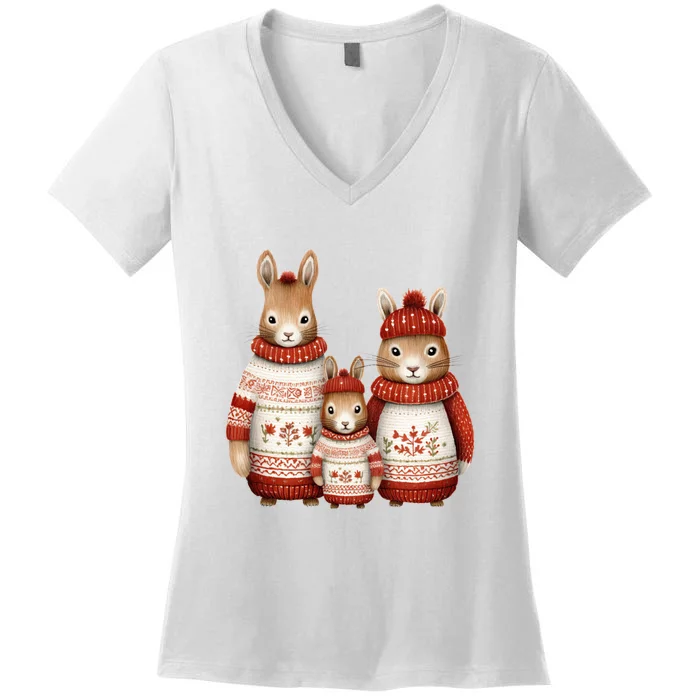 Christmas Bunny Family Matching Outfit Women's V-Neck T-Shirt