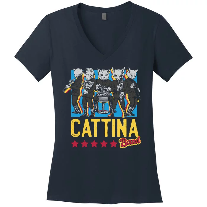 Cattina Band Funny Music Cats Women's V-Neck T-Shirt