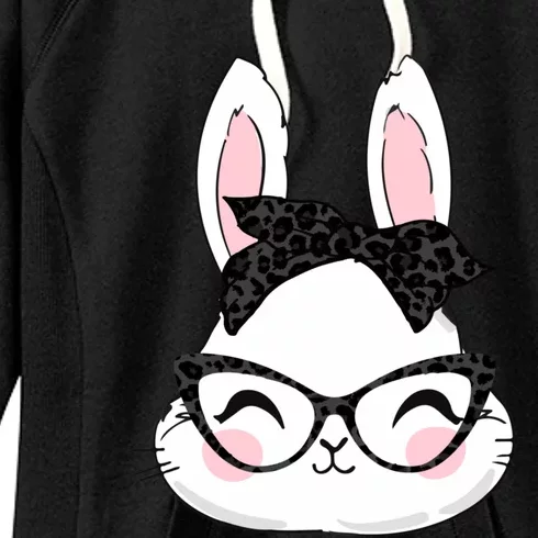 Cute Bunny Face Black Leopard Print Glasses Easter Day Cute Gift Women's Fleece Hoodie