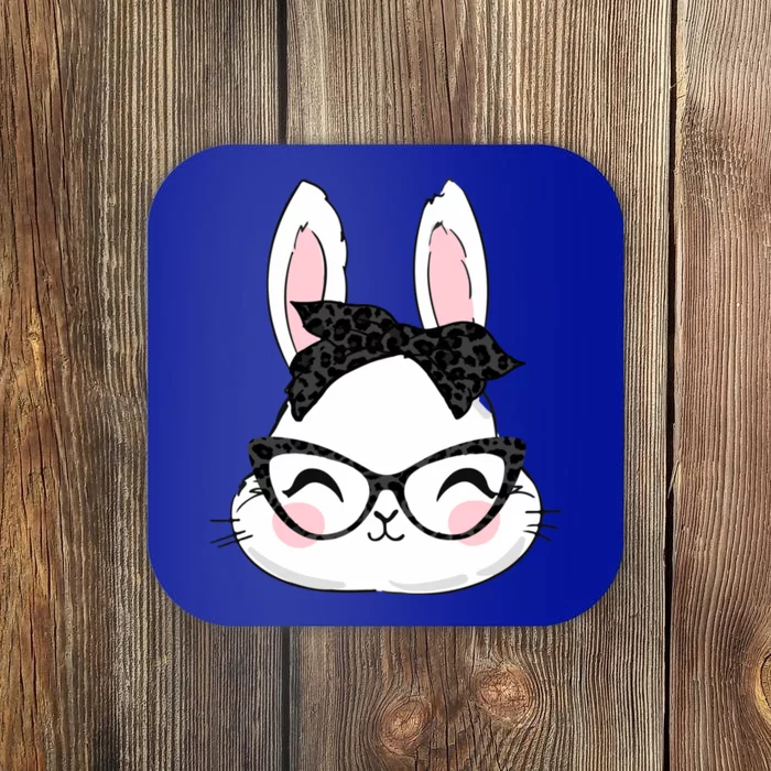 Cute Bunny Face Black Leopard Print Glasses Easter Day Cute Gift Coaster