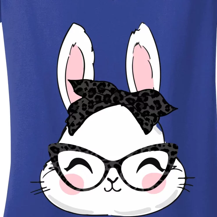 Cute Bunny Face Black Leopard Print Glasses Easter Day Cute Gift Women's V-Neck T-Shirt