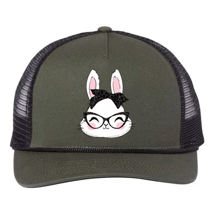 Cute Bunny Face Black Leopard Print Glasses Easter Day Cute Gift Retro Rope Trucker Hat Cap