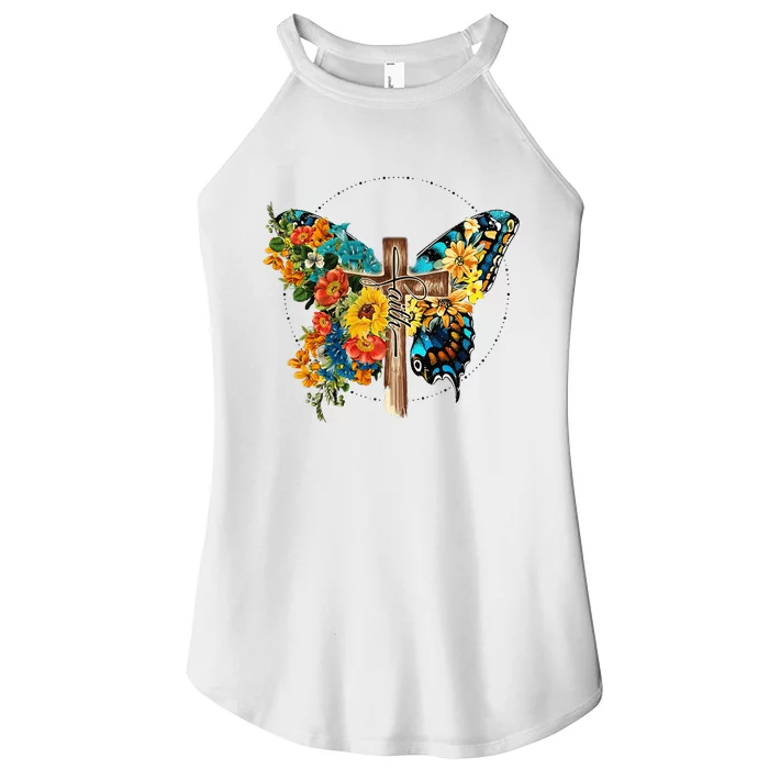 Cross Butterfly Floral Faith Christian Bible Jesus Lovers Women’s Perfect Tri Rocker Tank