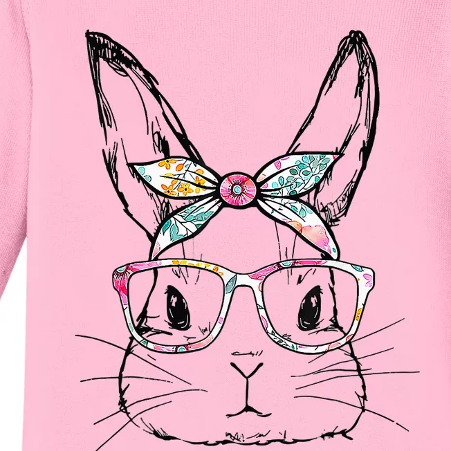 Cute Bunny Face Floral Glasses Headband Happy Easter Day Baby Long Sleeve Bodysuit