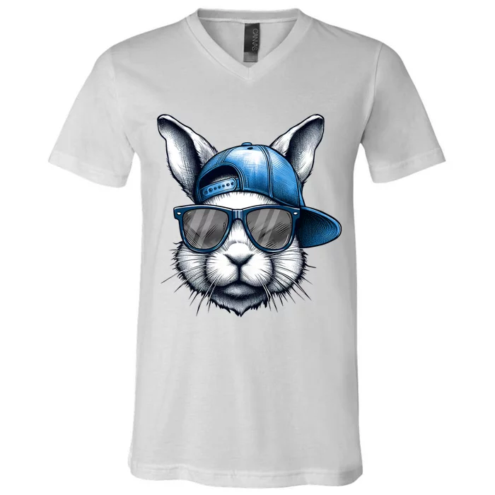 Cool Bunny Face With Sunglasses Happy Easter V-Neck T-Shirt