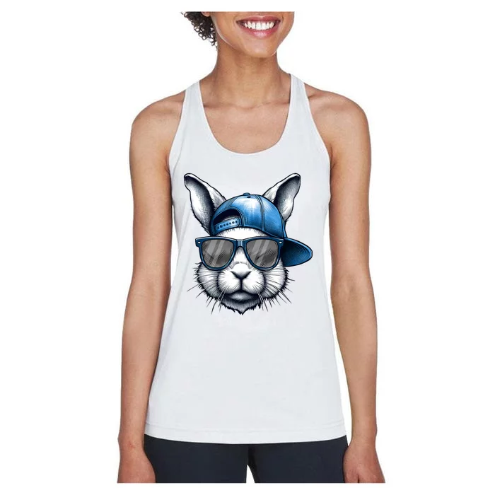 Cool Bunny Face With Sunglasses Happy Easter Women's Racerback Tank