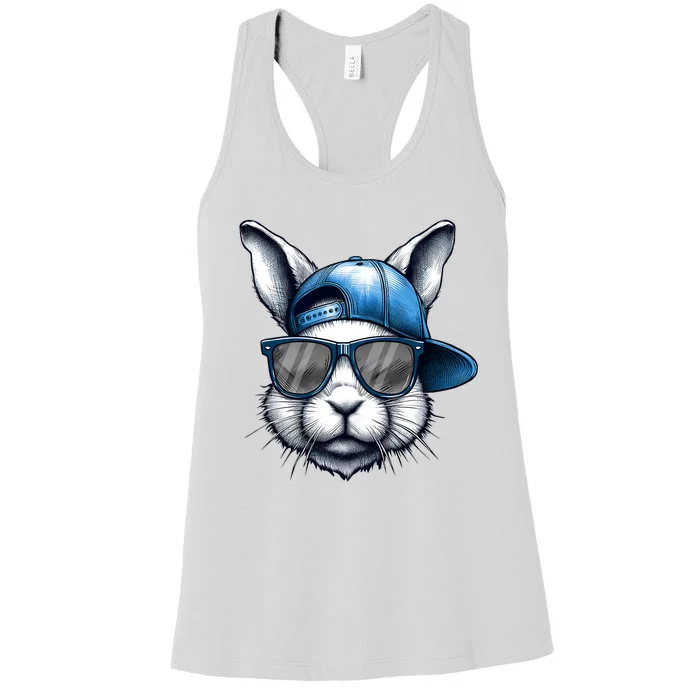 Cool Bunny Face With Sunglasses Happy Easter Women's Racerback Tank