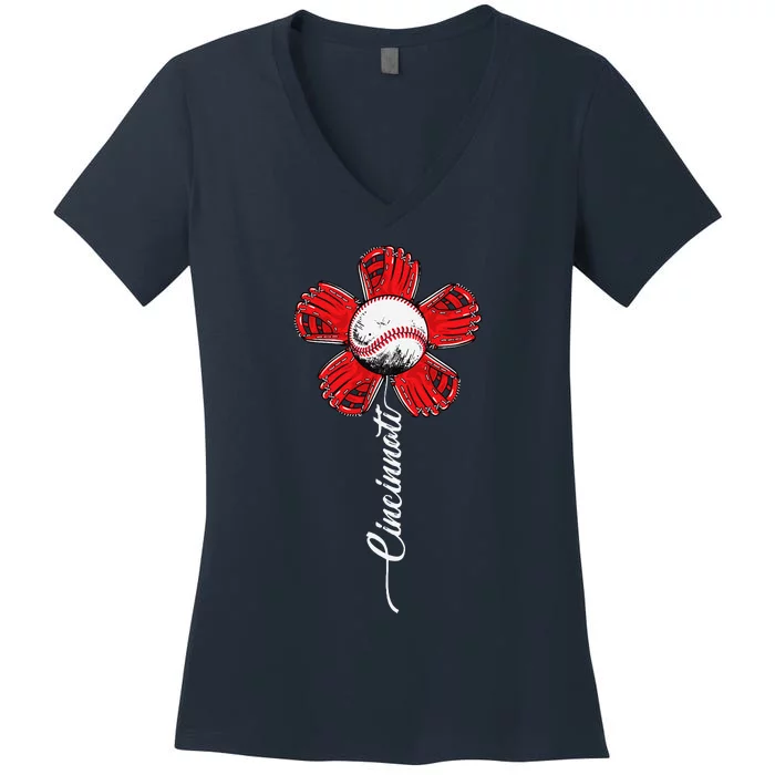 Cincinnati Baseball Flower I Love Cincinnati Baseball Spirit Women's V-Neck T-Shirt