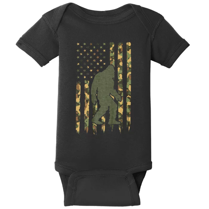 Camo Big Foot Sasquatch Vintage Bigfoot American Flag Baby Bodysuit