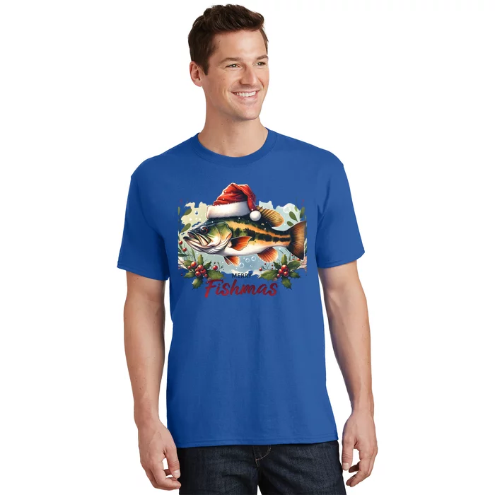 Christmas Bass Fish In Santa Hat Wishing A Merry Fishmas Gift T-Shirt