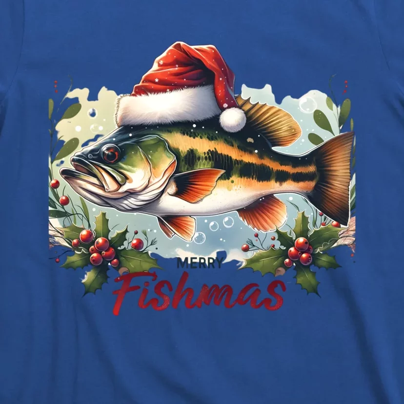 Christmas Bass Fish In Santa Hat Wishing A Merry Fishmas Gift T-Shirt