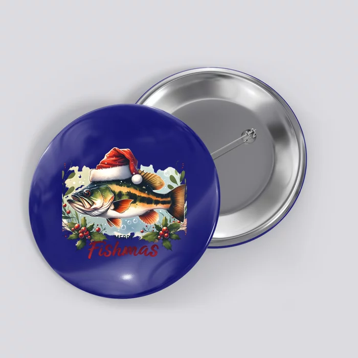 Christmas Bass Fish In Santa Hat Wishing A Merry Fishmas Gift Button