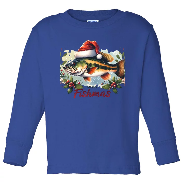 Christmas Bass Fish In Santa Hat Wishing A Merry Fishmas Gift Toddler Long Sleeve Shirt