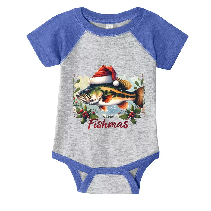 Christmas Bass Fish In Santa Hat Wishing A Merry Fishmas Gift Infant Baby Jersey Bodysuit