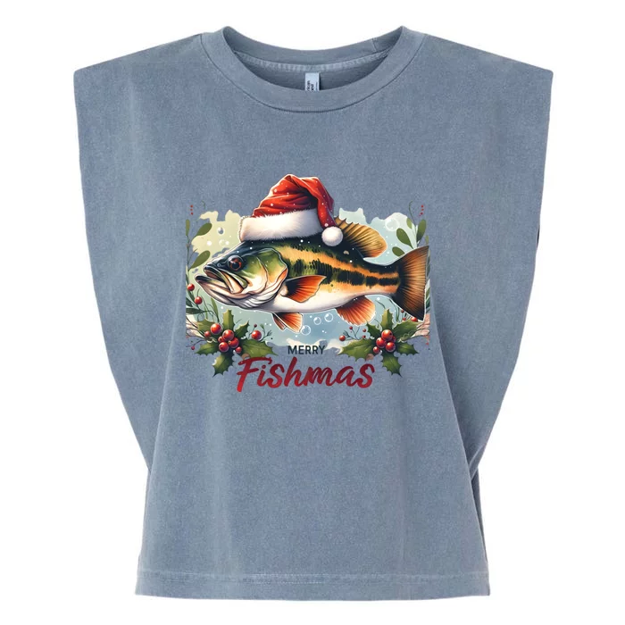 Christmas Bass Fish In Santa Hat Wishing A Merry Fishmas Gift Garment-Dyed Women's Muscle Tee