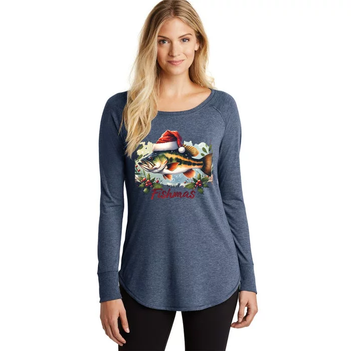 Christmas Bass Fish In Santa Hat Wishing A Merry Fishmas Gift Women's Perfect Tri Tunic Long Sleeve Shirt