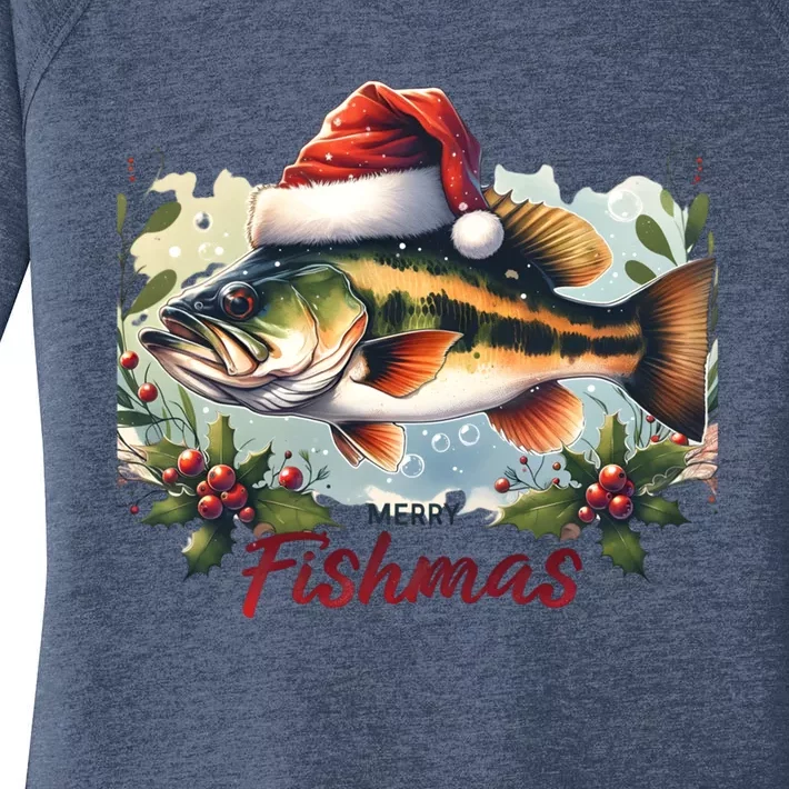 Christmas Bass Fish In Santa Hat Wishing A Merry Fishmas Gift Women's Perfect Tri Tunic Long Sleeve Shirt