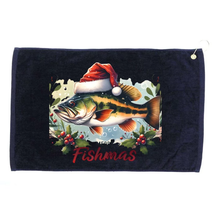 Christmas Bass Fish In Santa Hat Wishing A Merry Fishmas Gift Grommeted Golf Towel