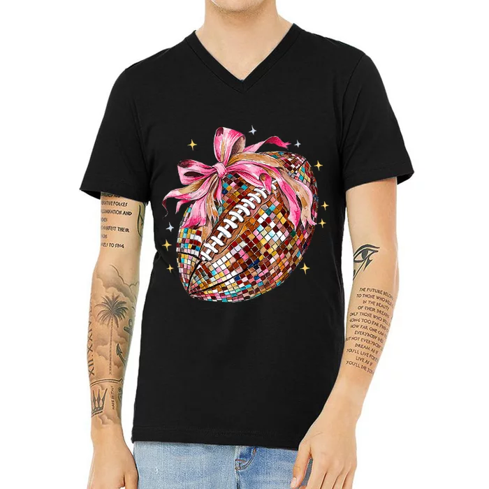 Coquette Bow Football Disco Football Bow Coquette V-Neck T-Shirt