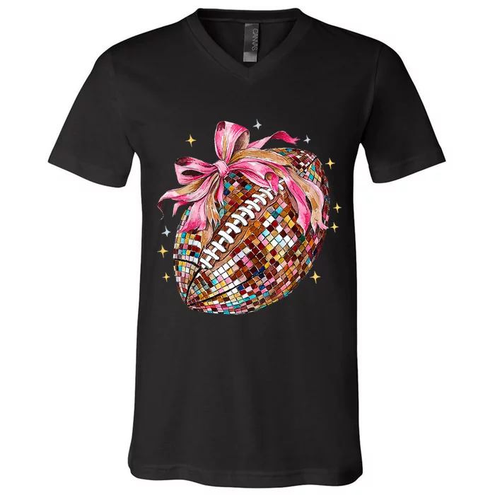 Coquette Bow Football Disco Football Bow Coquette V-Neck T-Shirt