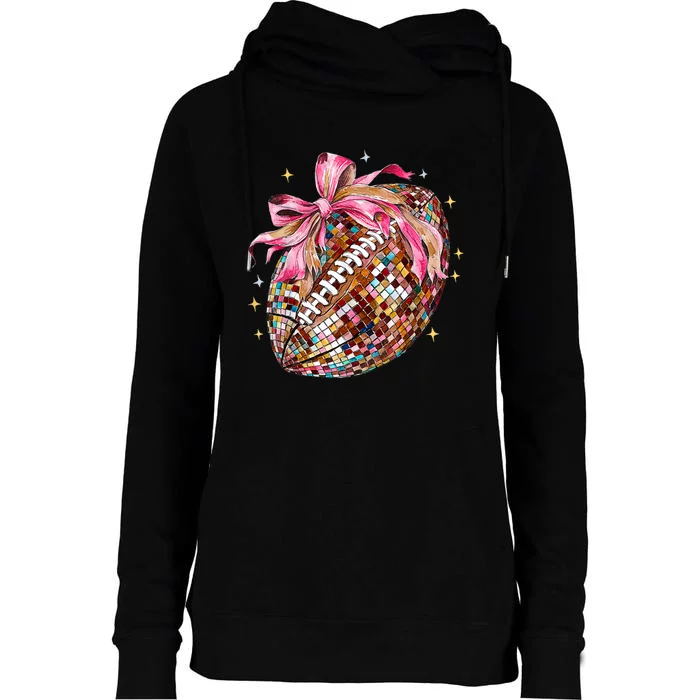 Coquette Bow Football Disco Football Bow Coquette Womens Funnel Neck Pullover Hood