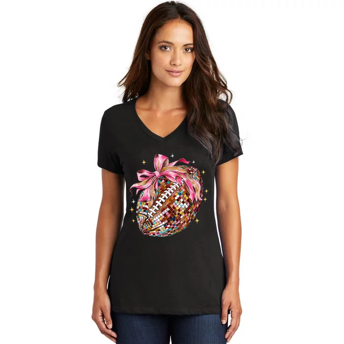 Coquette Bow Football Disco Football Bow Coquette Women's V-Neck T-Shirt