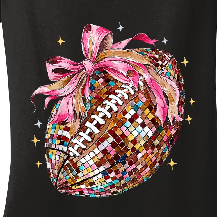 Coquette Bow Football Disco Football Bow Coquette Women's V-Neck T-Shirt