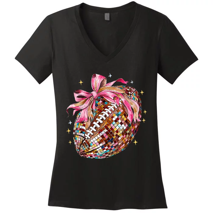 Coquette Bow Football Disco Football Bow Coquette Women's V-Neck T-Shirt