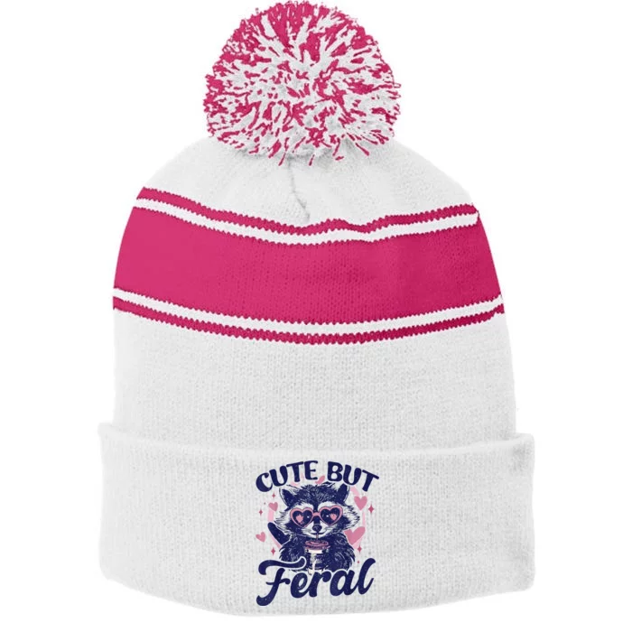 Cute But Feral Raccoon Outfits For Women Funny Raccoon Stripe Pom Pom Beanie