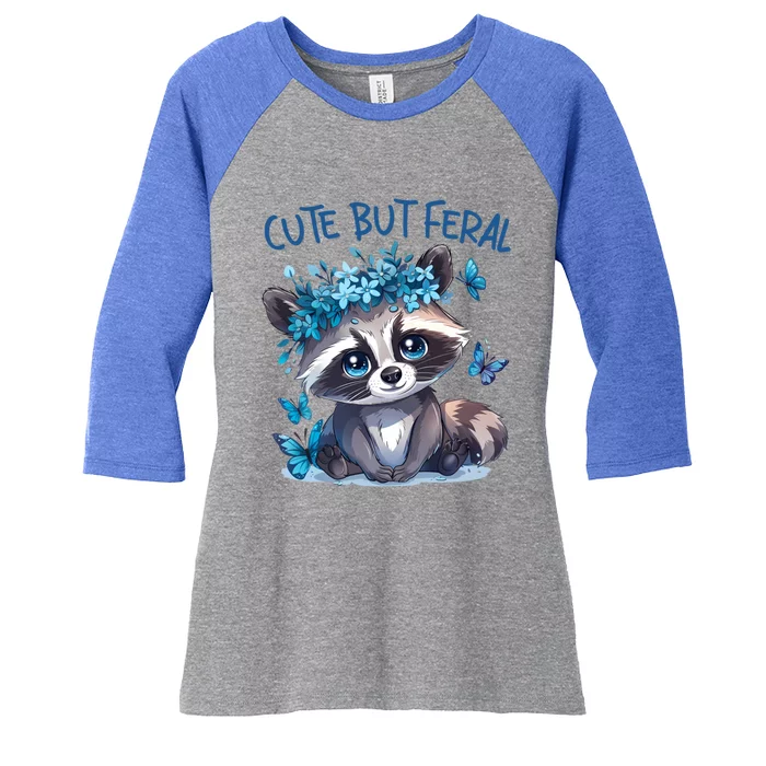 Cute But Feral Funny Raccoon Blue Butterfly Summer Great Gift Women's Tri-Blend 3/4-Sleeve Raglan Shirt