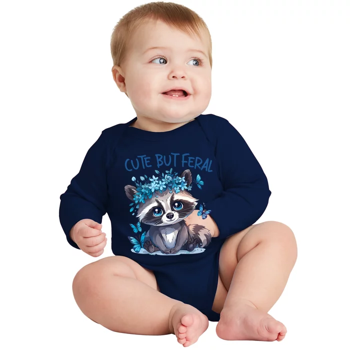 Cute But Feral Funny Raccoon Blue Butterfly Summer Great Gift Baby Long Sleeve Bodysuit