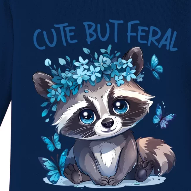 Cute But Feral Funny Raccoon Blue Butterfly Summer Great Gift Baby Long Sleeve Bodysuit