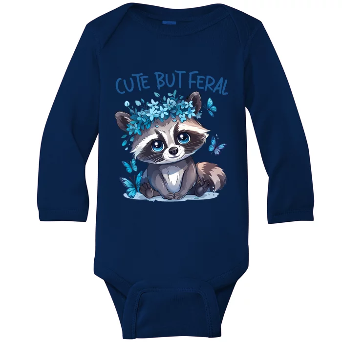 Cute But Feral Funny Raccoon Blue Butterfly Summer Great Gift Baby Long Sleeve Bodysuit