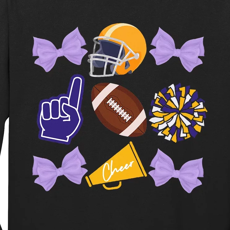 Coquette Bow Football Purple Gold Game Cheer Mom Touchdown Long Sleeve Shirt