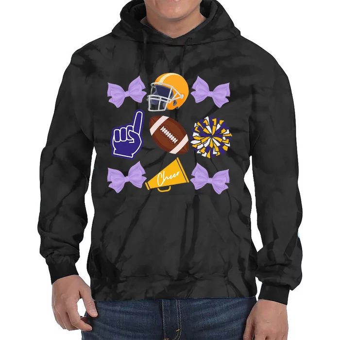 Coquette Bow Football Purple Gold Game Cheer Mom Touchdown Tie Dye Hoodie