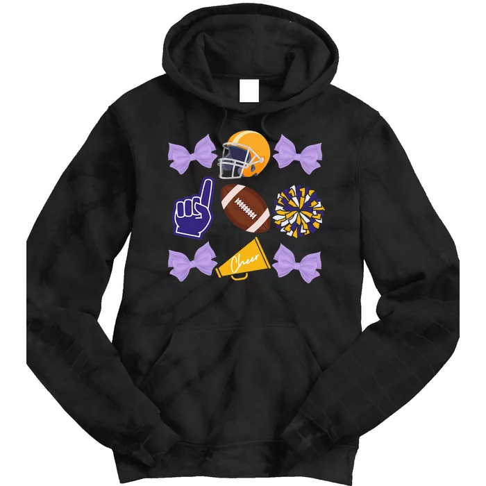 Coquette Bow Football Purple Gold Game Cheer Mom Touchdown Tie Dye Hoodie