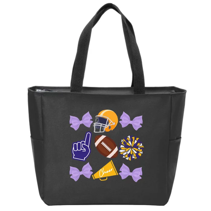 Coquette Bow Football Purple Gold Game Cheer Mom Touchdown Zip Tote Bag