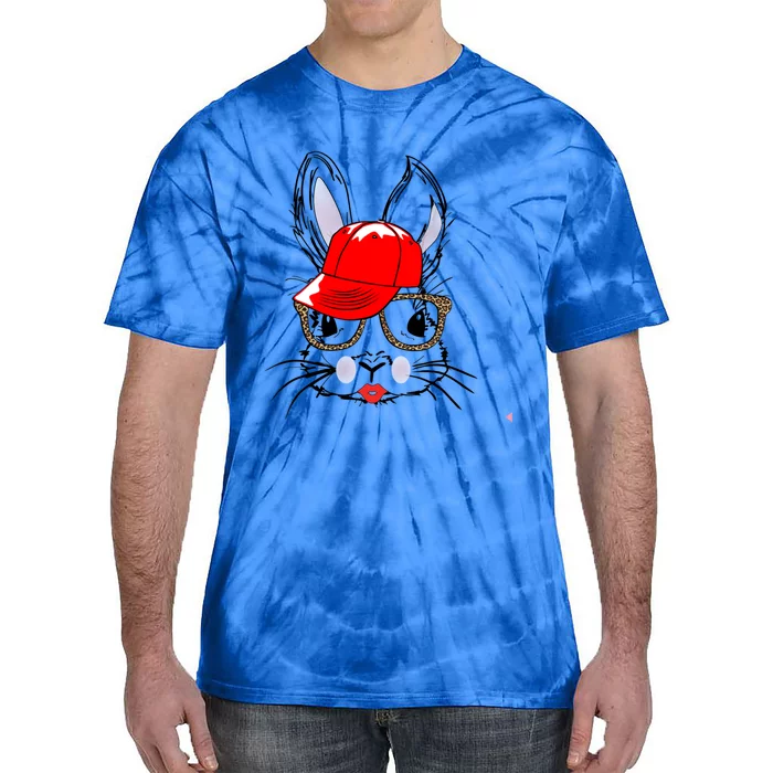 Cute Bunny Face Gift Leopard Print Glasses Red Lips Easter Gift Tie-Dye T-Shirt