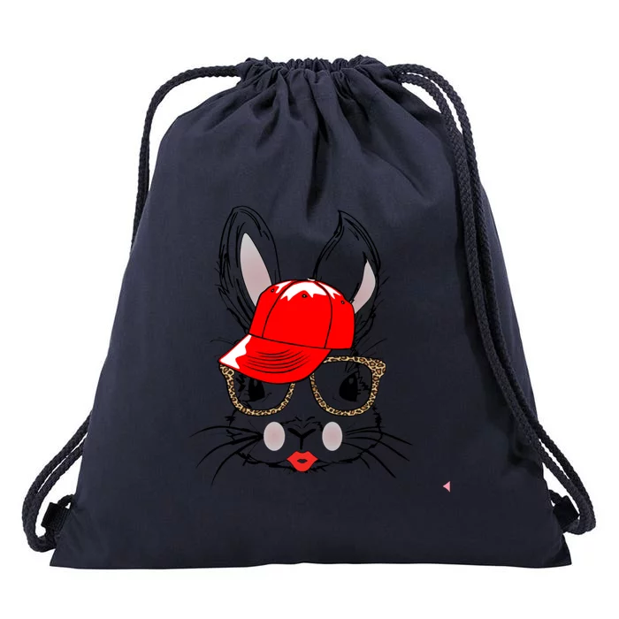 Cute Bunny Face Gift Leopard Print Glasses Red Lips Easter Gift Drawstring Bag