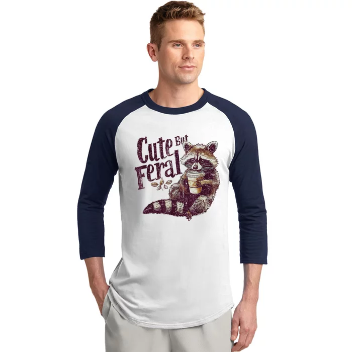 Cute But Feral Raccoon Drinking Coffee Vintage Design Gift Baseball Sleeve Shirt