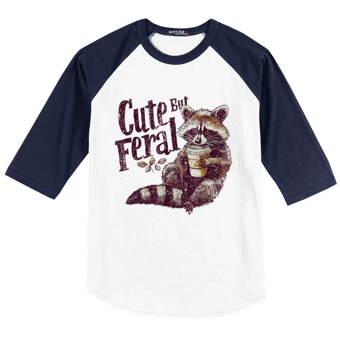 Cute But Feral Raccoon Drinking Coffee Vintage Design Gift Baseball Sleeve Shirt