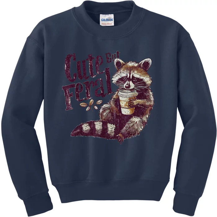 Cute But Feral Raccoon Drinking Coffee Vintage Design Gift Kids Sweatshirt