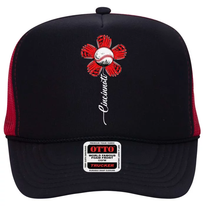 Cincinnati Baseball Flower I Love Cincinnati Baseball Spirit High Crown Mesh Trucker Hat