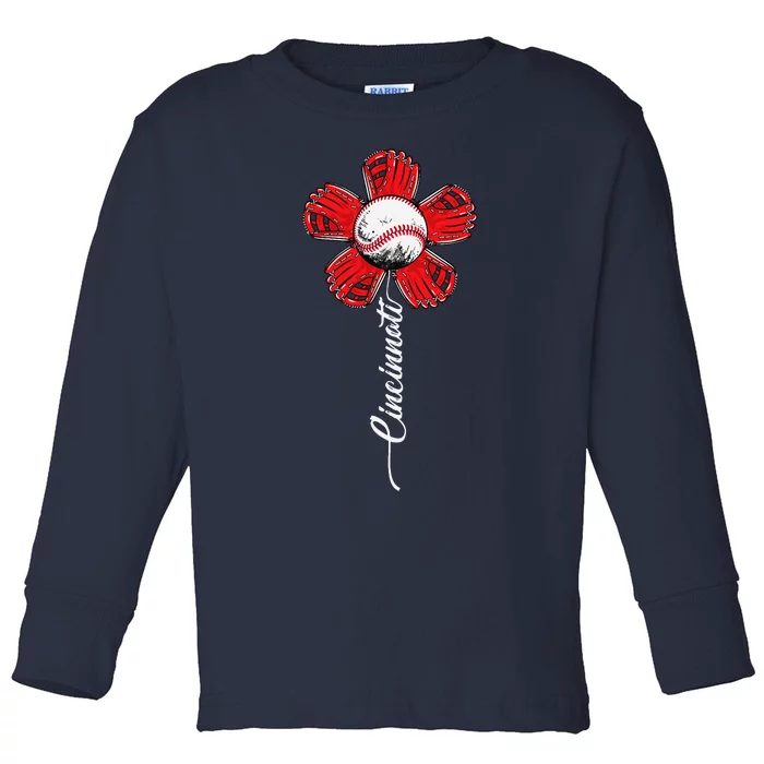 Cincinnati Baseball Flower I Love Cincinnati Baseball Spirit Toddler Long Sleeve Shirt