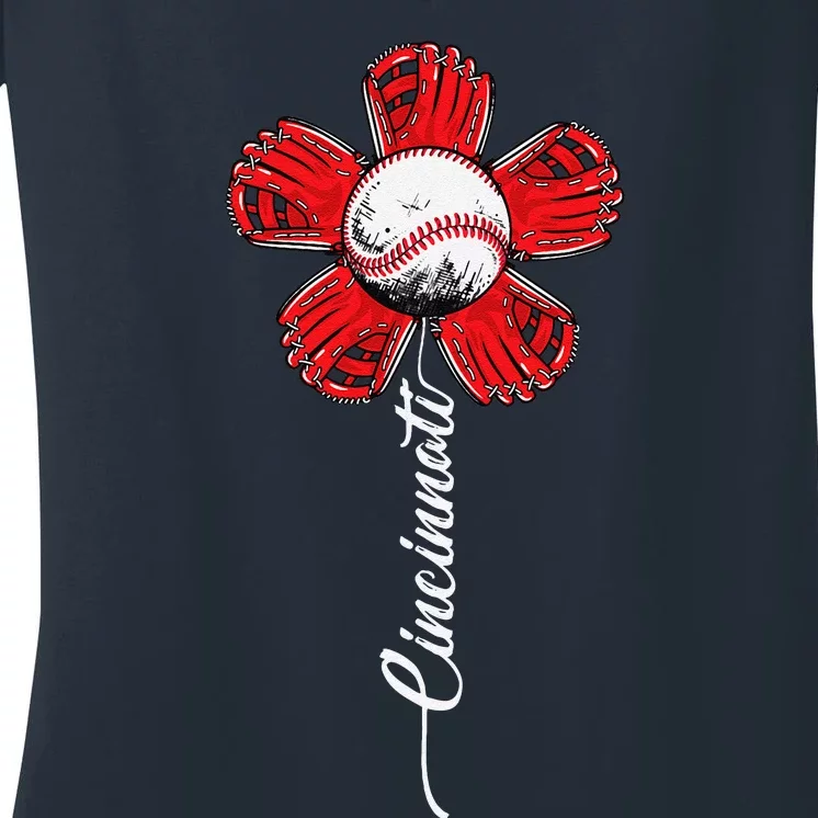 Cincinnati Baseball Flower I Love Cincinnati Baseball Spirit Women's V-Neck T-Shirt